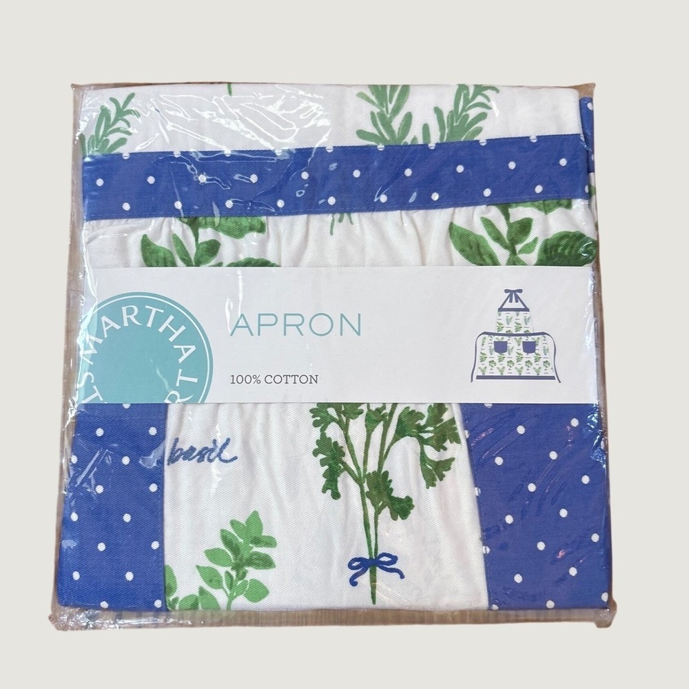 Martha Stewart Herb Apron Women Blue White Botanical Polka Dot NWT SIZE OS